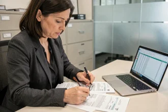 Femme comptable examinant les formulaires de déclaration TVS 2026 sur un bureau professionnel