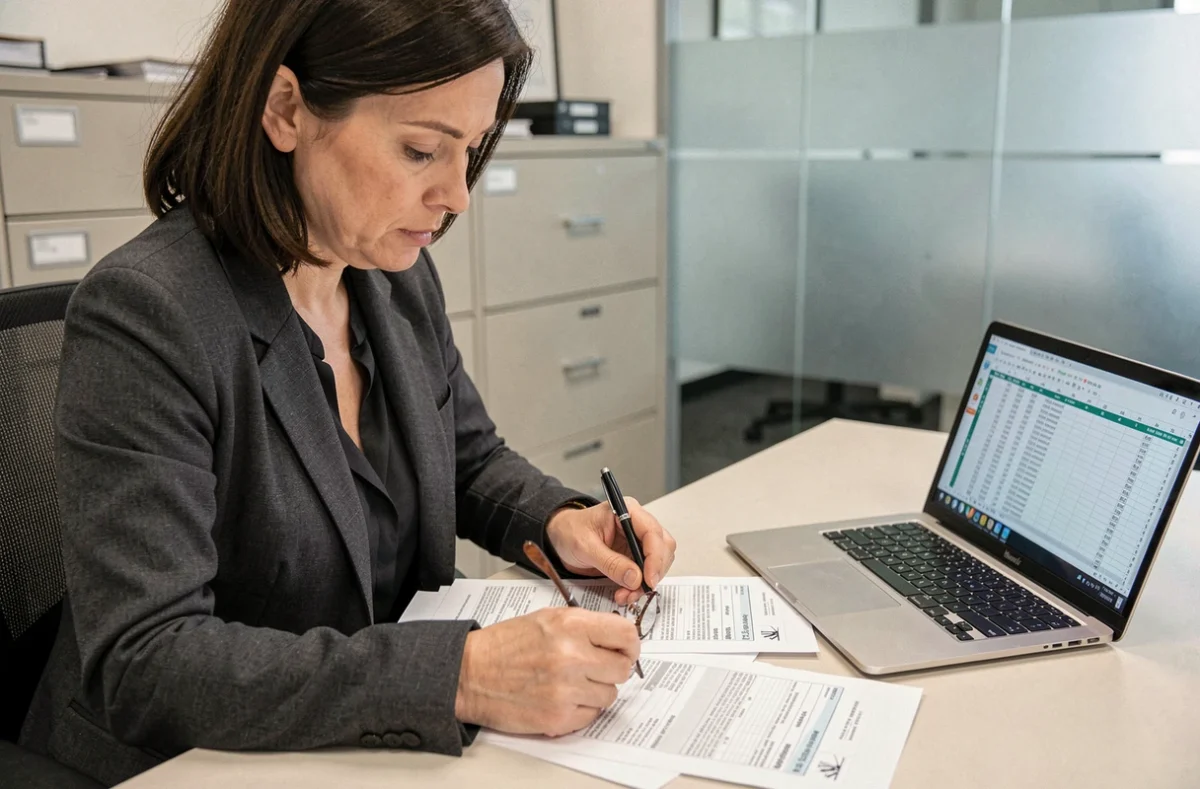 Femme comptable examinant les formulaires de déclaration TVS 2026 sur un bureau professionnel