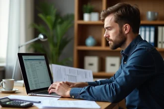 Homme consultant des documents fiscaux sur un bureau en bois pour déduire la taxe foncière de ses revenus fonciers