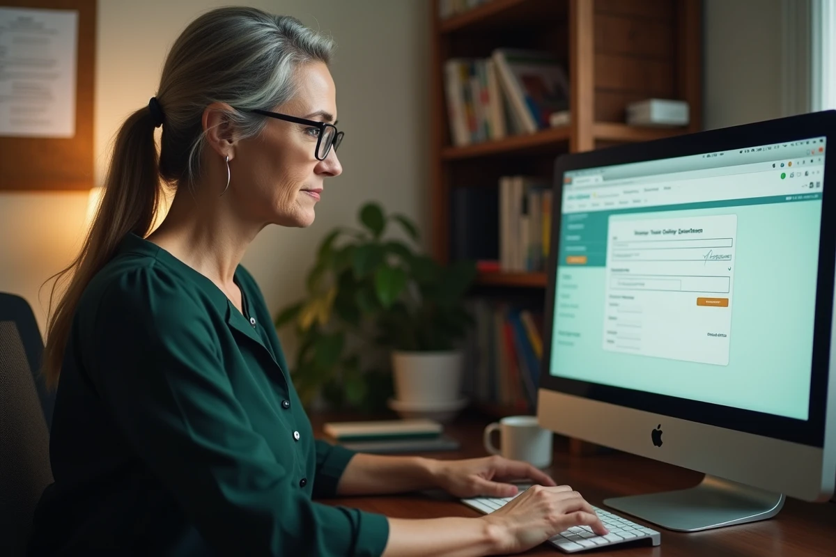 Femme effectuant sa demande de RSA en ligne depuis son ordinateur à domicile