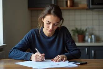 Femme remplissant un formulaire de demande de RSA à la table de sa cuisine, entourée de documents administratifs