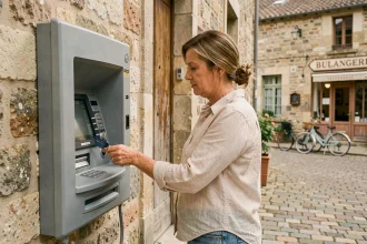 Une femme d'âge moyen retirant de l'argent à un distributeur automatique extérieur fixé sur un bureau de poste dans un village rural français