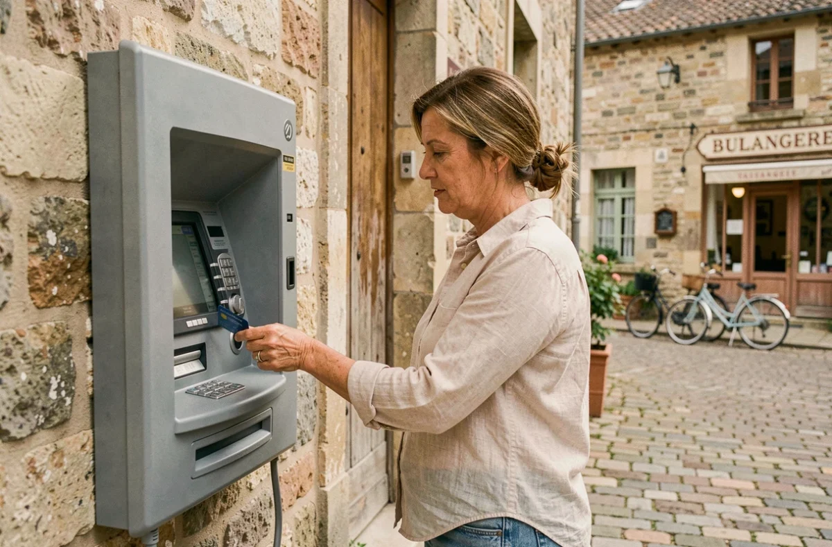Une femme d'âge moyen retirant de l'argent à un distributeur automatique extérieur fixé sur un bureau de poste dans un village rural français