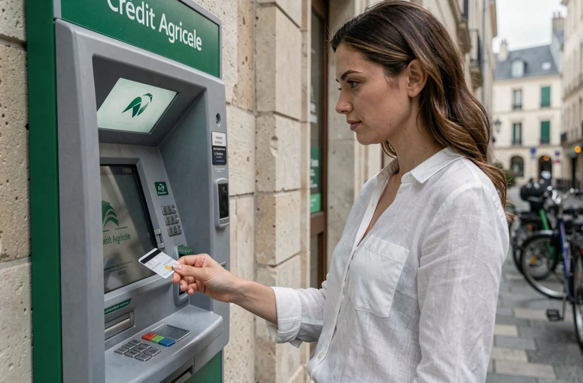 Femme utilisant un distributeur automatique Crédit Agricole pour gérer le plafond de sa carte
