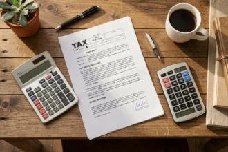 Documents fiscaux et calculatrice posés sur un bureau de famille