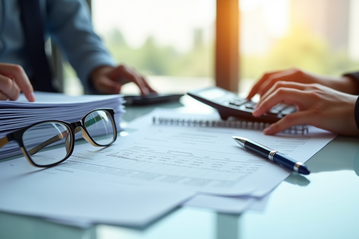 Dossier de pension avec calculatrice et lunettes sur un bureau moderne