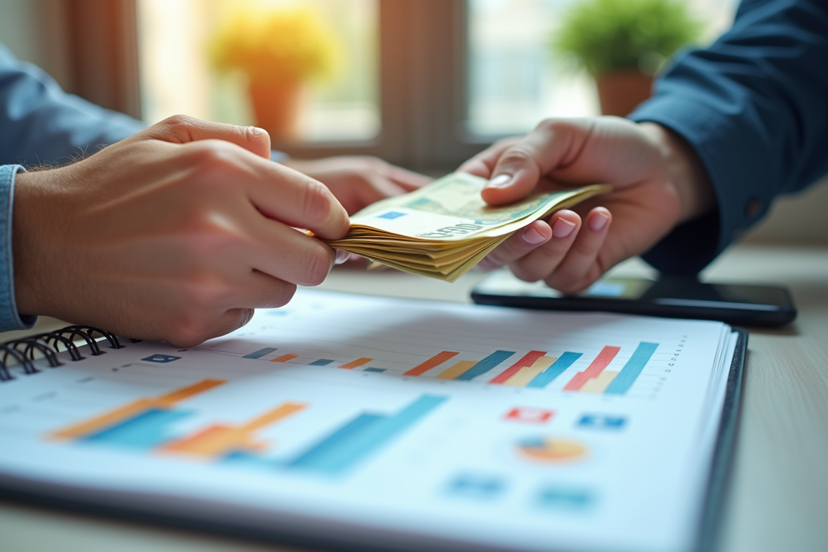 Mains échangeant des billets euros avec graphiques et smartphone en fond
