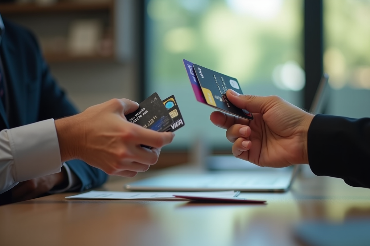 Deux personnes échangent des cartes bancaires dans une banque moderne
