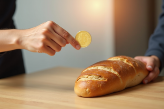 Deux mains échangeant une pièce d or et un pain pour symboliser une transaction