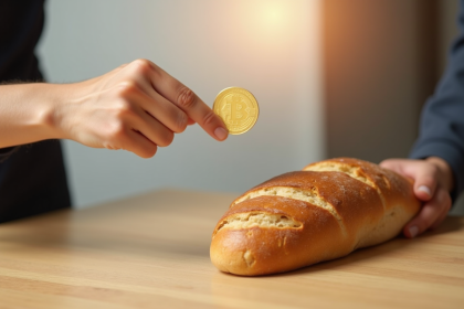 Deux mains échangeant une pièce d or et un pain pour symboliser une transaction