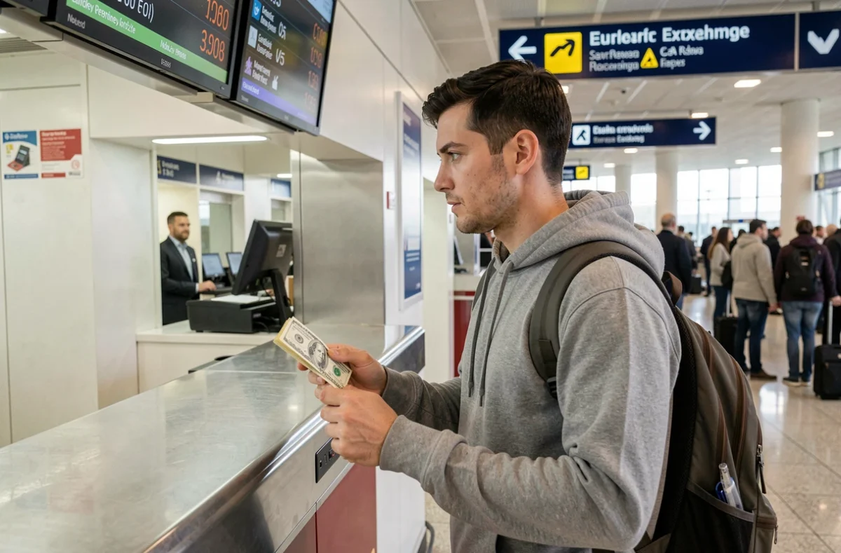 Voyageur échangeant des euros contre des dollars américains à un bureau de change dans un aéroport international