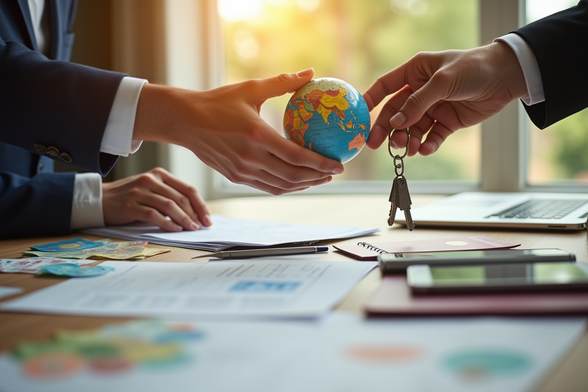 Echange de globe et clé de maison sur documents internationaux