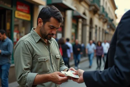 &Eacute;change discret de billets de pesos argentins dans une rue anim&eacute;e de Buenos Aires, illustrant le march&eacute; noir des devises