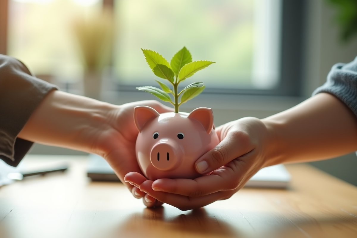 Deux mains échangeant une petite plante dans une tirelire symbolisant la croissance
