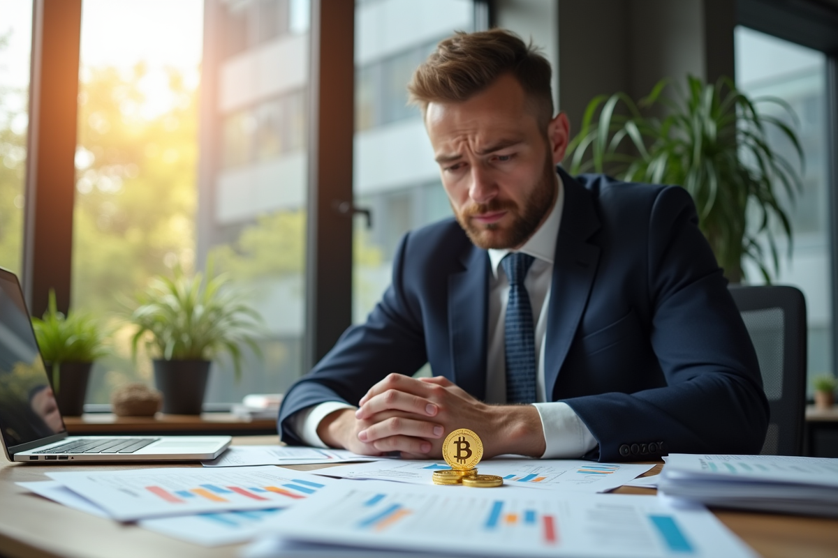 Économiste inquiet dans un bureau moderne avec graphiques et Bitcoin