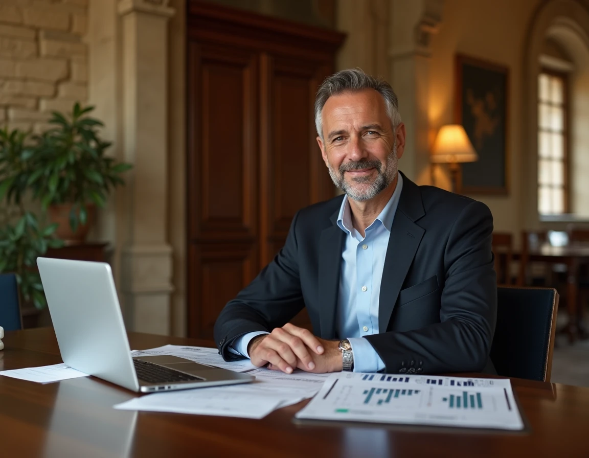 Consultant d'Energy Patrimoine à Riom examinant des rapports financiers dans un bureau aux murs en pierre