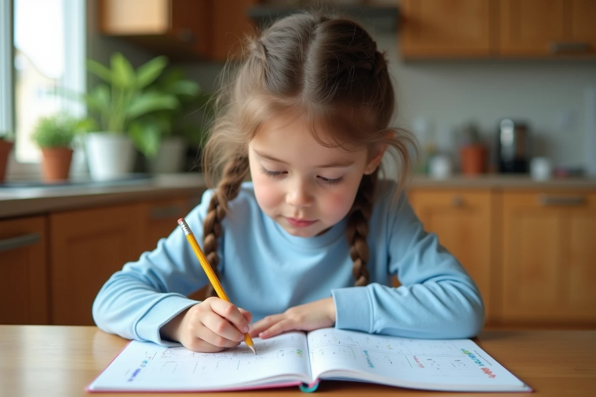 Jeune fille concentrée faisant ses devoirs de mathématiques à la table de cuisine avec un cahier coloré