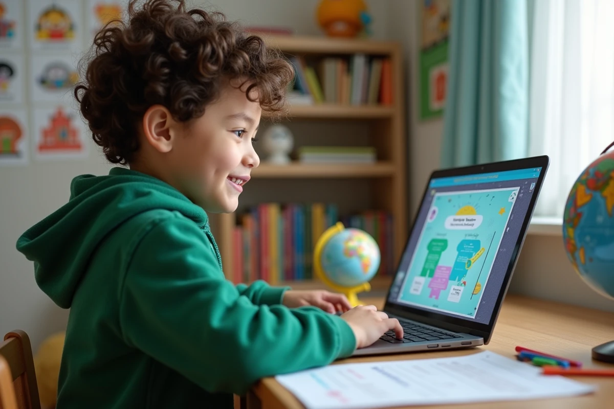 Garçon utilisant un ordinateur portable pour ses devoirs scolaires dans une chambre d'enfant bien organisée