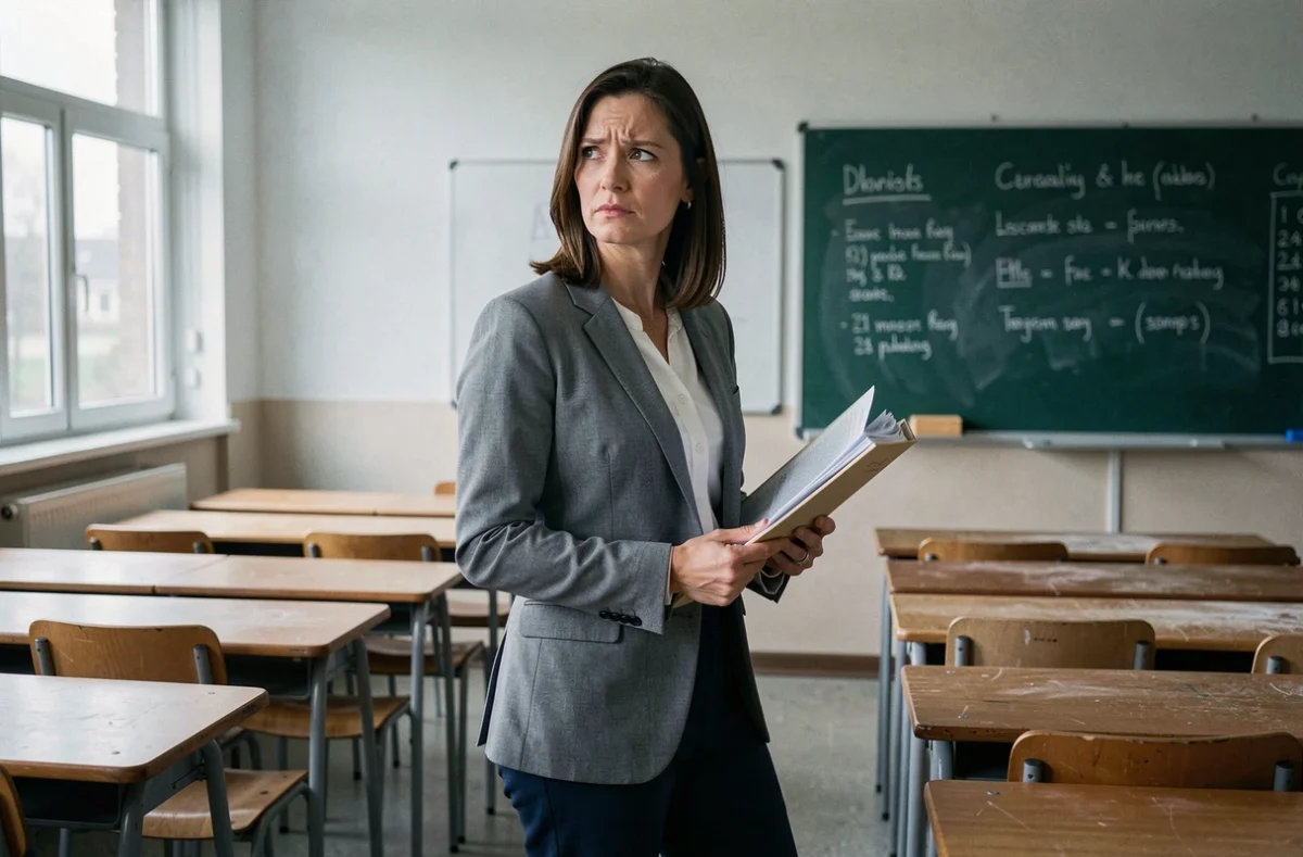 Enseignante préoccupée debout dans une salle de classe vide tenant un dossier, illustrant les difficultés financières des fonctionnaires de l'Éducation nationale