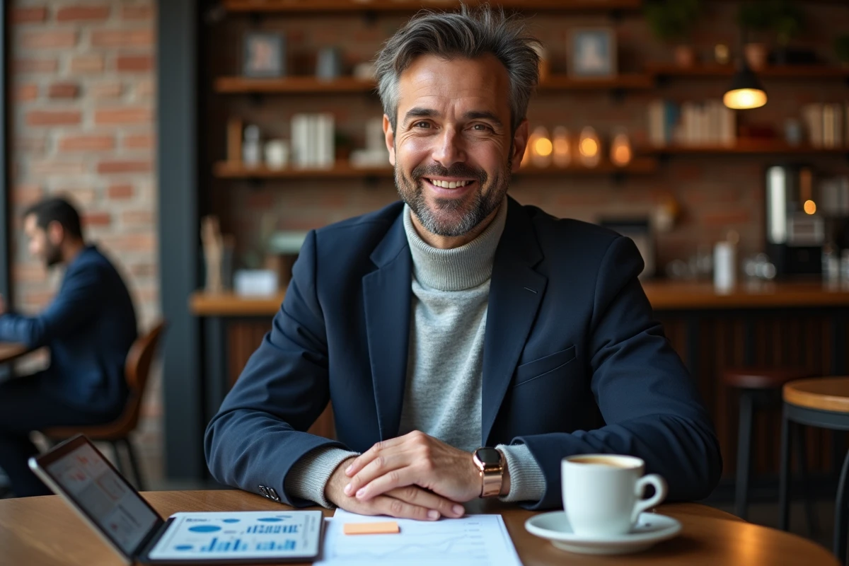 Entrepreneur masculin analysant un dossier FRCI Île-de-France avec tablette et documents dans un café parisien