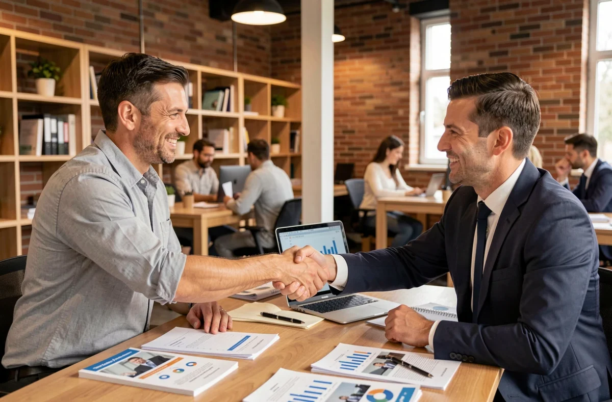 Entrepreneur signant un contrat d'assurance responsabilité civile avec un courtier en assurance professionnelle