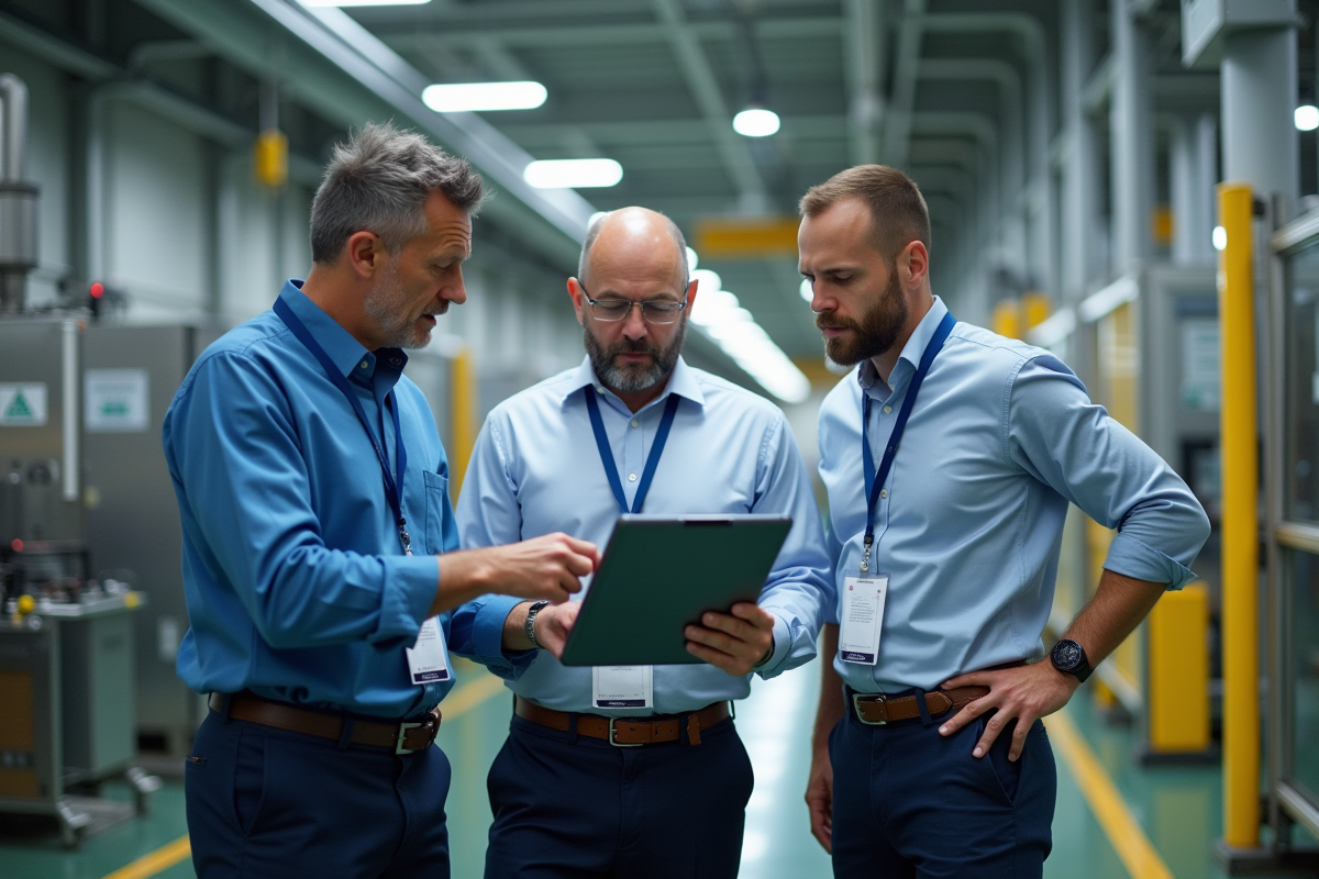 Equipe de professionnels discute dans un couloir industriel