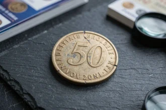 Pièce de 50 centimes avec erreur de frappe visible en gros plan sur ardoise sombre, montrant un double listel et un décalage de la gravure