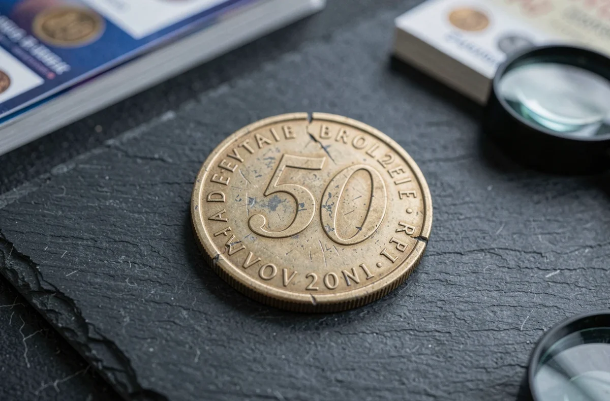 Pièce de 50 centimes avec erreur de frappe visible en gros plan sur ardoise sombre, montrant un double listel et un décalage de la gravure