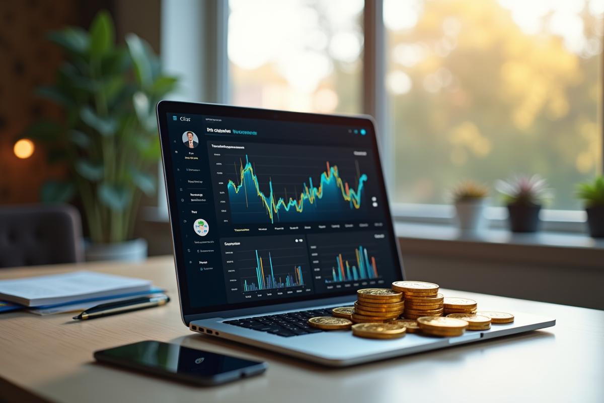 Espace de travail moderne avec dashboard crypto lumineux