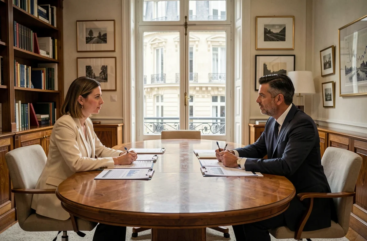 Deux conseillers d'Euodia en réunion avec un couple de clients autour d'une table de conférence ovale dans un bureau parisien élégant