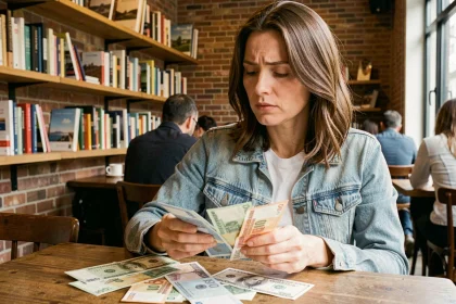 Femme examinant des billets en euros et en dollars américains dans un café avant un voyage aux États-Unis