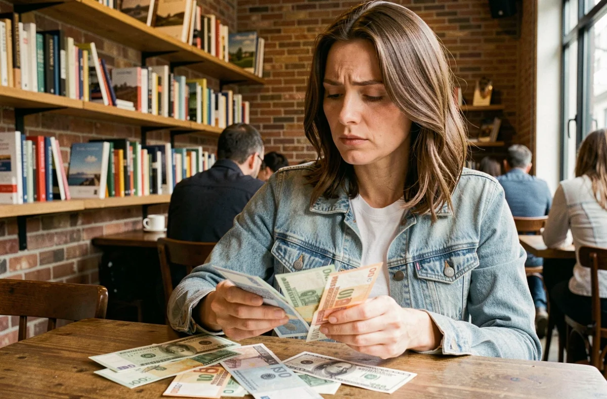 Femme examinant des billets en euros et en dollars américains dans un café avant un voyage aux États-Unis