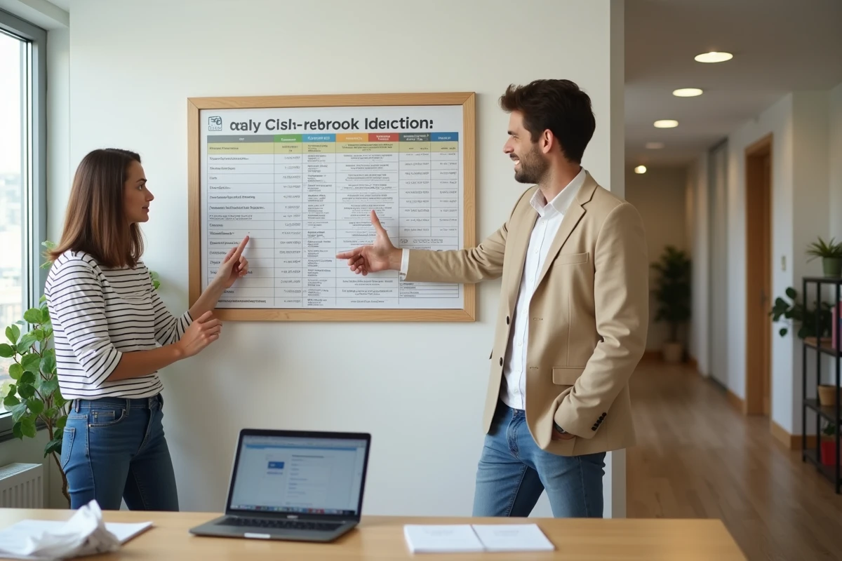 Deux coll&egrave;gues dans un bureau RH expliquant les cotisations sociales et la conversion du brut au net sur une infographie imprim&eacute;e