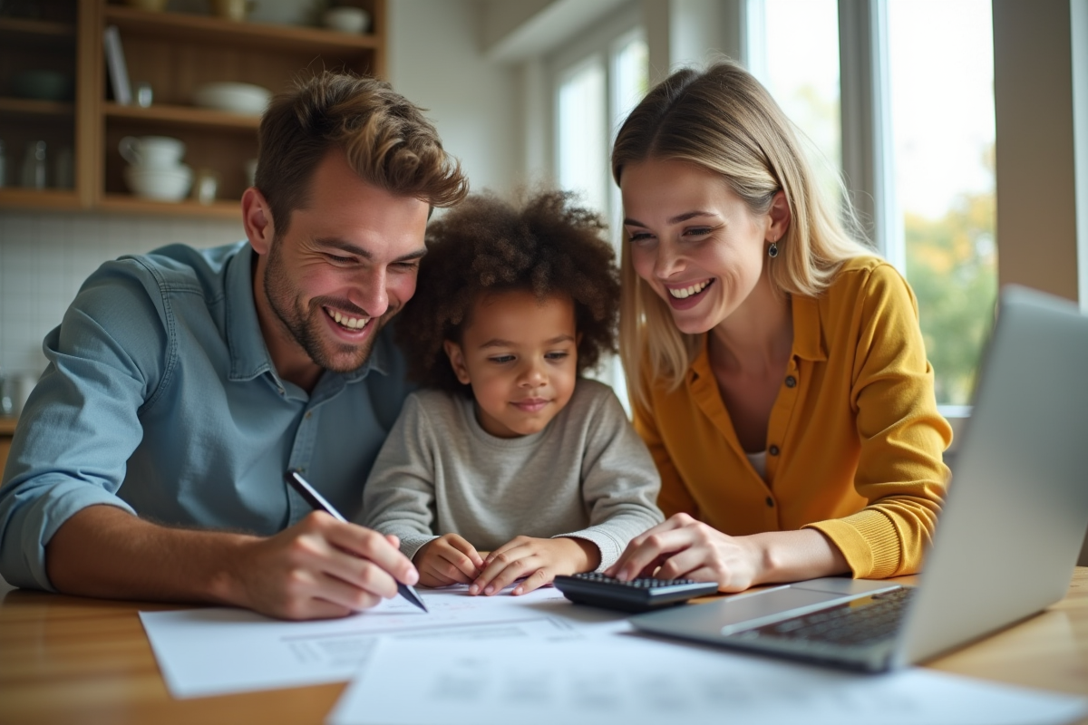 Famille moderne discutant de prêt immobilier à la maison