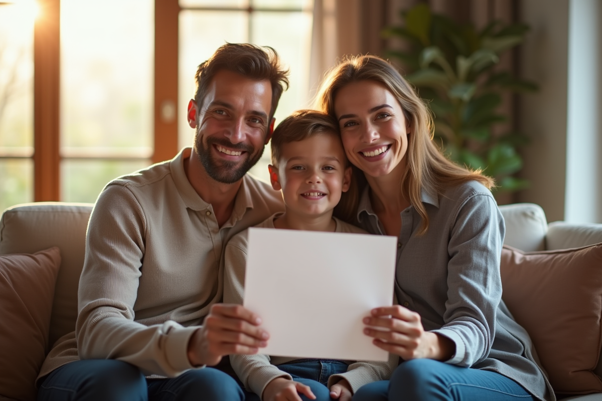 Famille souriante dans leur salon avec document d'assurance