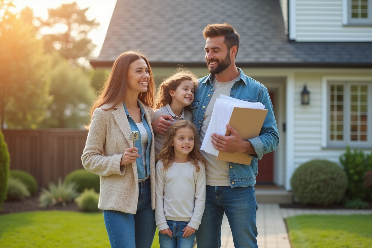 Famille heureuse devant leur nouvelle maison avec une grande clé