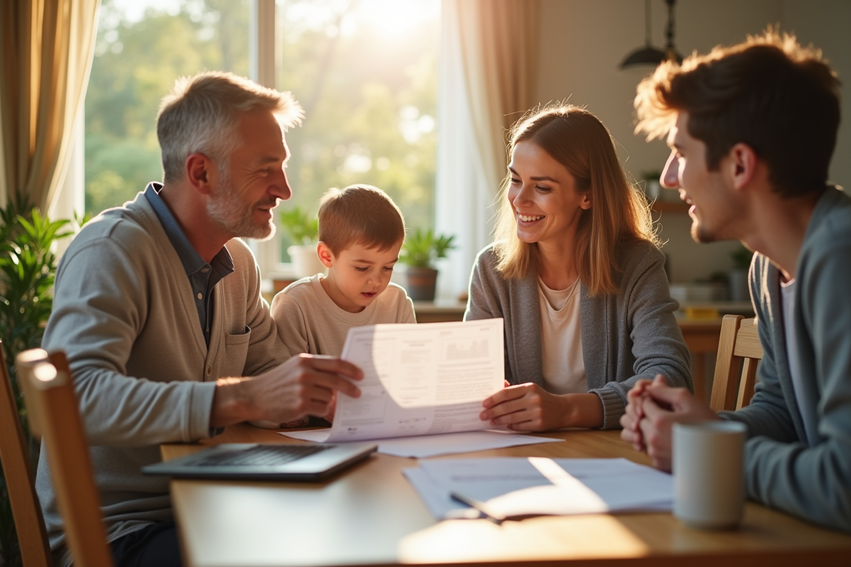 Famille à la maison examinant des documents sur la taxe carbone