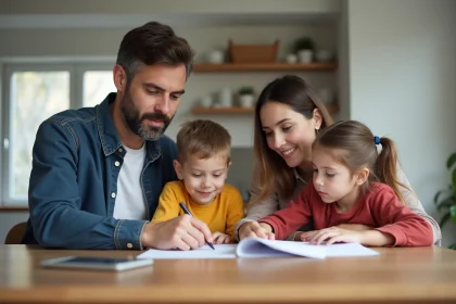 Famille r&eacute;unie autour de documents fiscaux &agrave; la maison