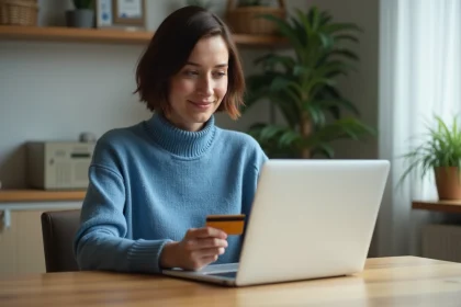 Femme en ligne avec carte bancaire et ordinateur