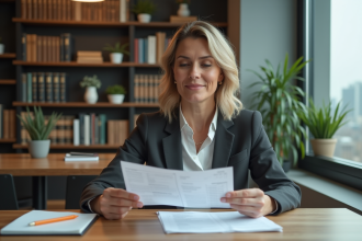 Femme d'affaires moyenne âge lit des documents dans un appartement