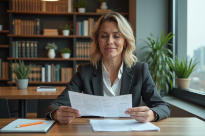 Femme d'affaires moyenne &acirc;ge lit des documents dans un appartement