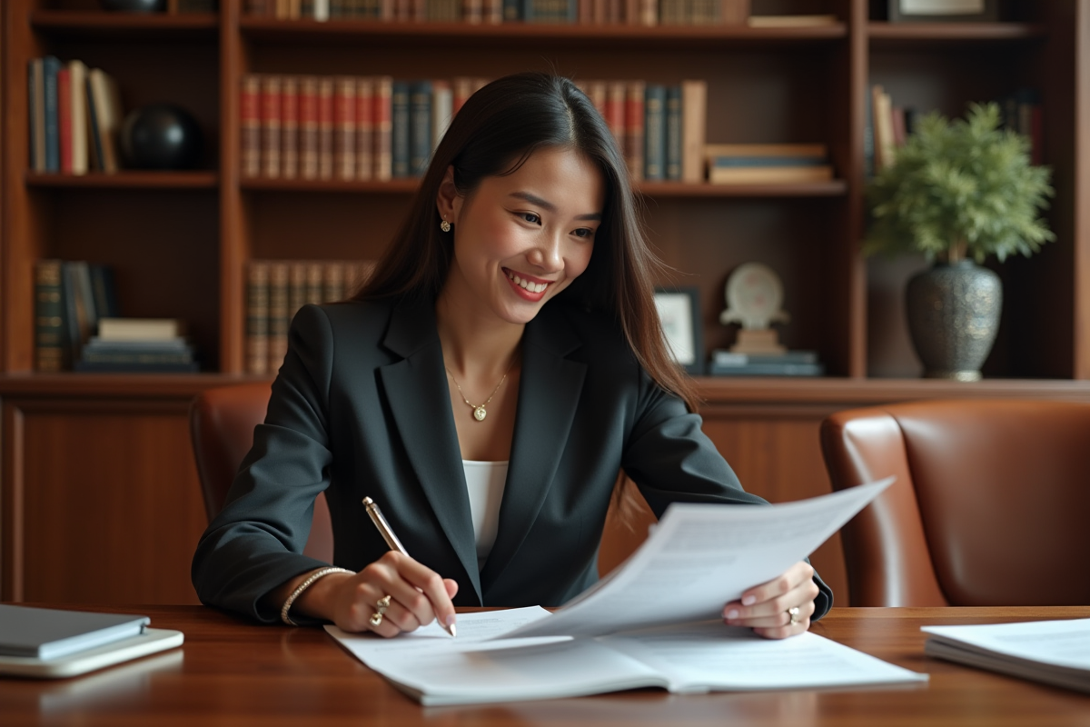 Jeune femme confiante dans un bureau luxueux avec documents