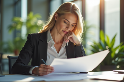 Femme d'affaires examinant des documents dans un bureau lumineux