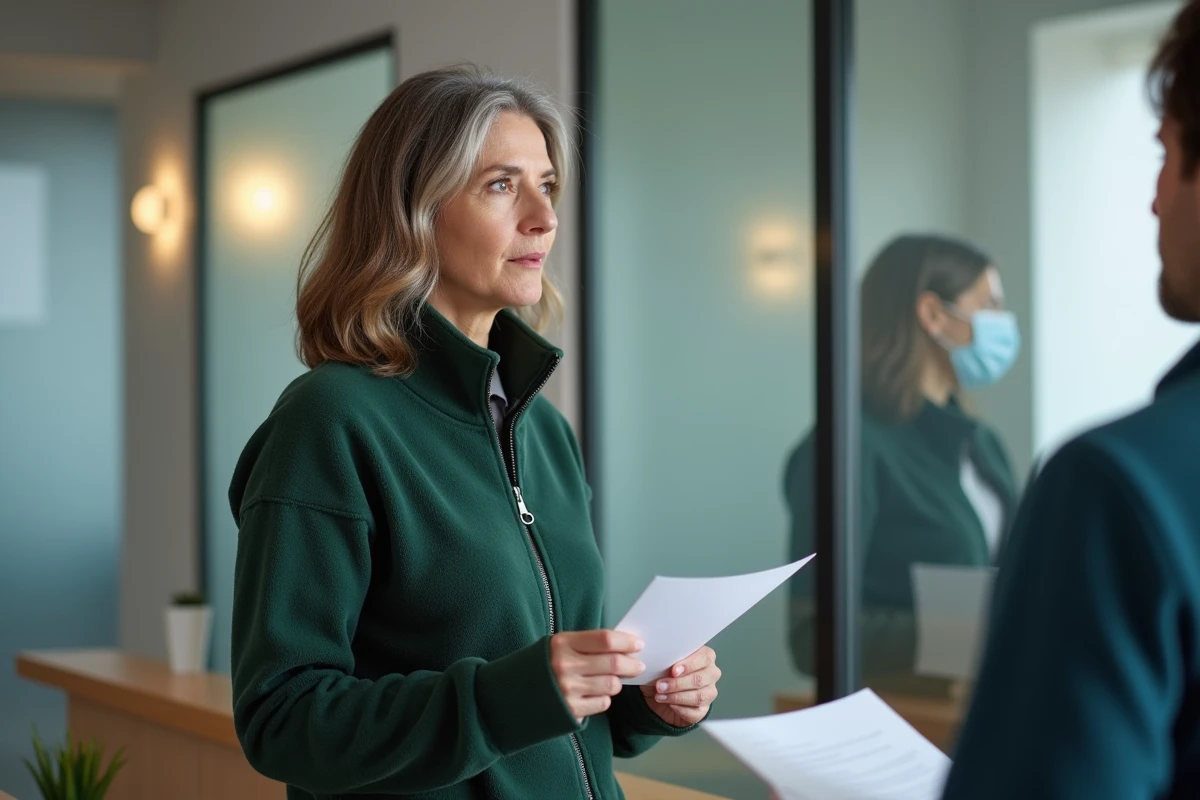 Femme à la retraite en agence bancaire discutant du versement de sa pension d'invalidité avec un conseiller