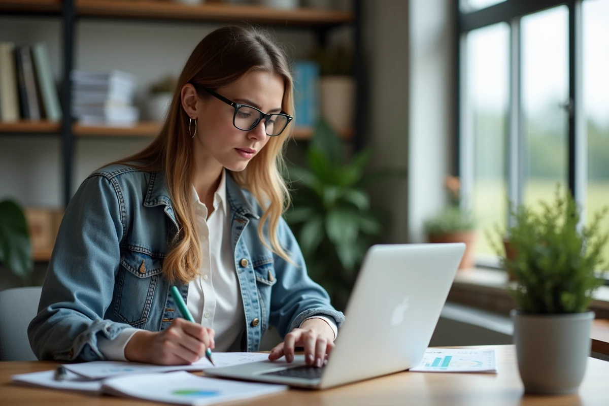 Jeune femme analysant graphiques agricoles en bureau