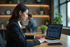Femme professionnelle analysant des données crypto sur un laptop