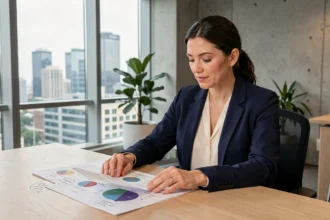 Femme professionnelle analysant des documents d'investissement SCPI dans un bureau moderne avec vue sur la ville
