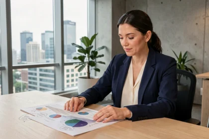 Femme professionnelle analysant des documents d'investissement SCPI dans un bureau moderne avec vue sur la ville