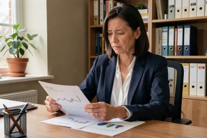Femme analysant des graphiques d'inflation et des documents d'épargne à son bureau à domicile pour adapter sa stratégie financière 2026