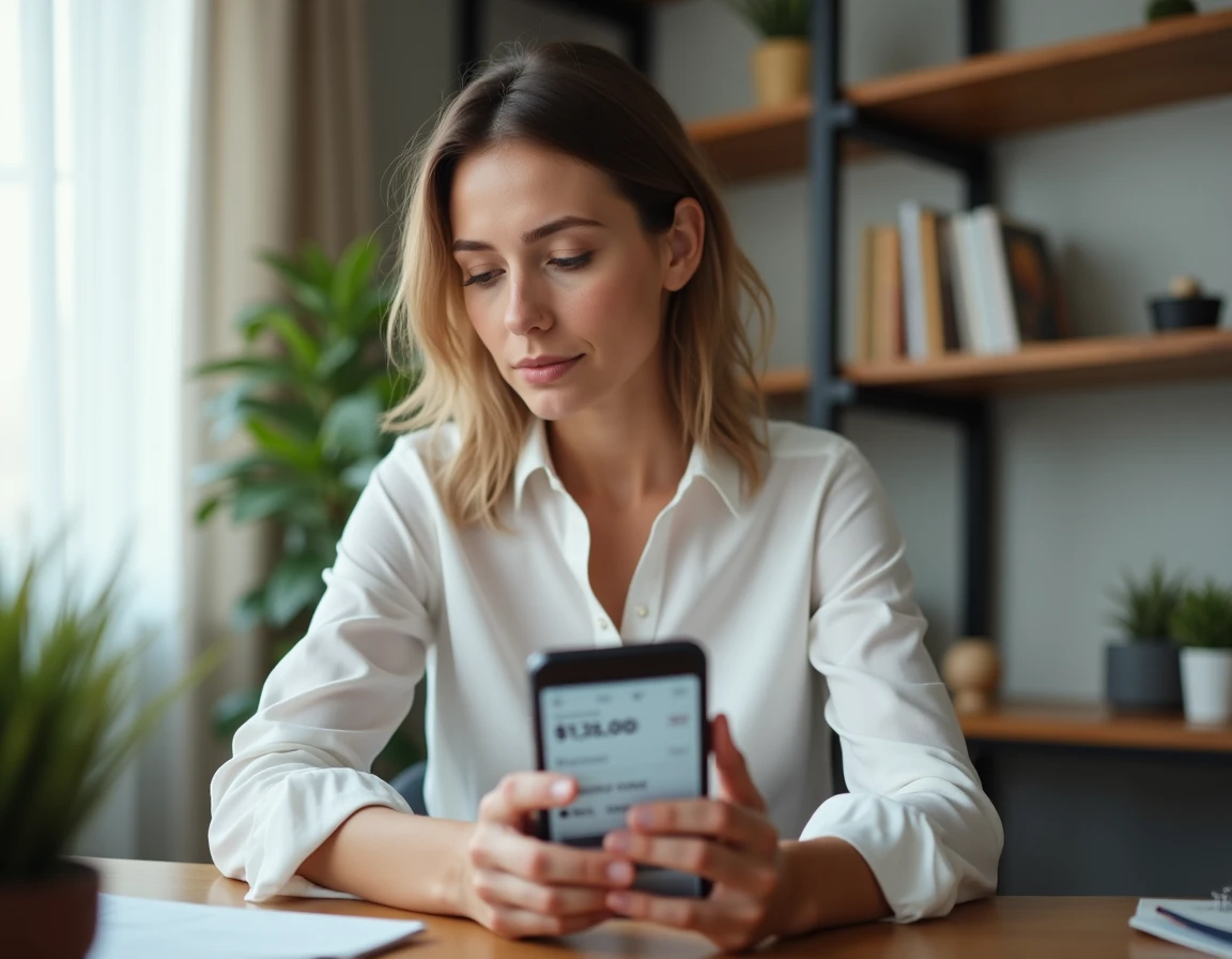 Femme consultant son application bancaire Boursorama sur smartphone dans un bureau à domicile minimaliste et soigné